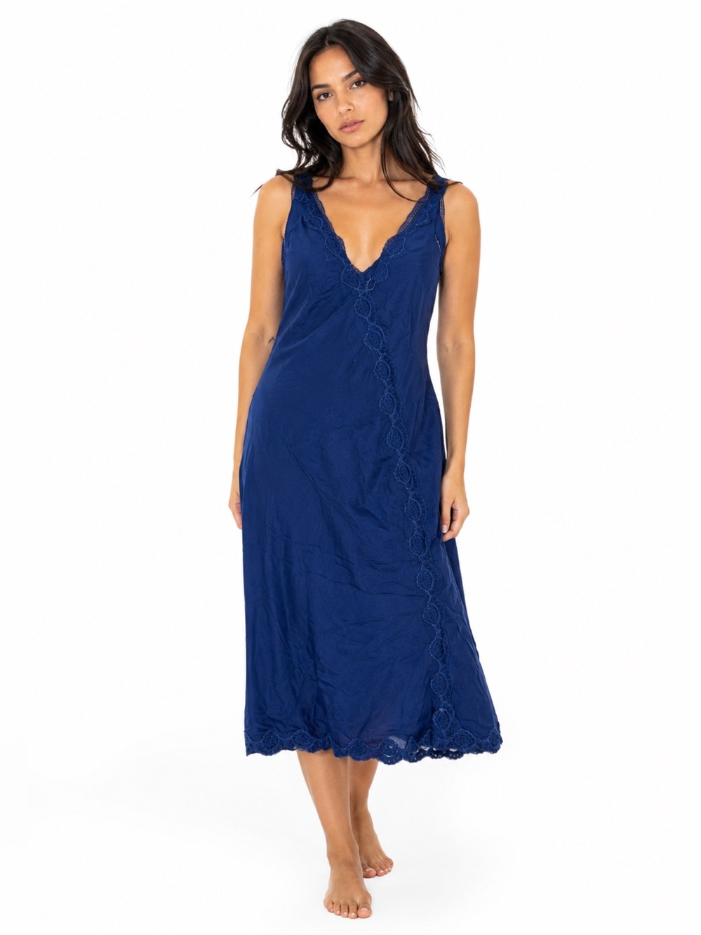 70s French Vintage NYLFRANCE Silky Lace Accent Slip Dress (Royal Blue) M (EU 44)